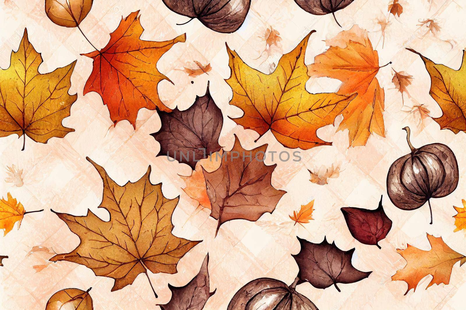 seamless watercolor pattern with autumn leaves, seeds and acorns on the plaid background2d style, anime style V1 High quality 2d illustration