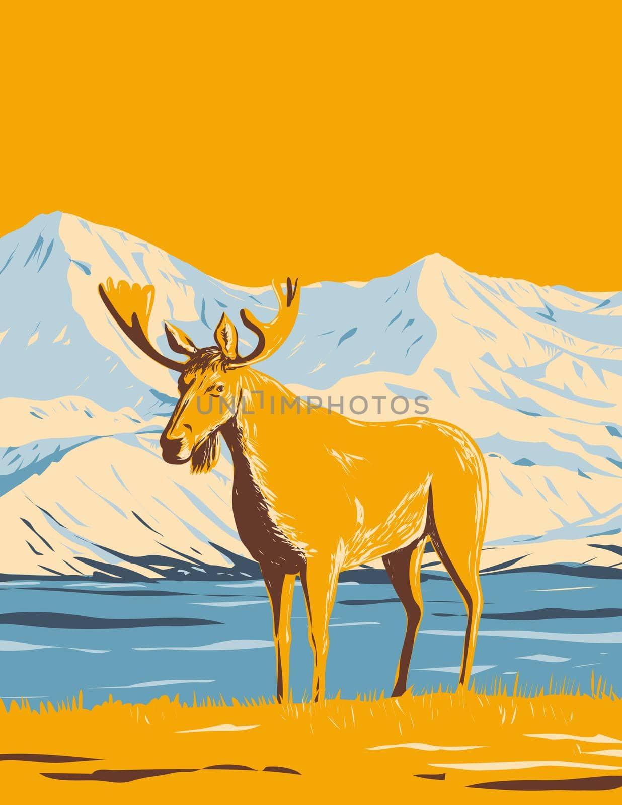 Moose or Elk in Denali National Park and Preserve or Mount McKinley In Alaska WPA Poster Art by patrimonio