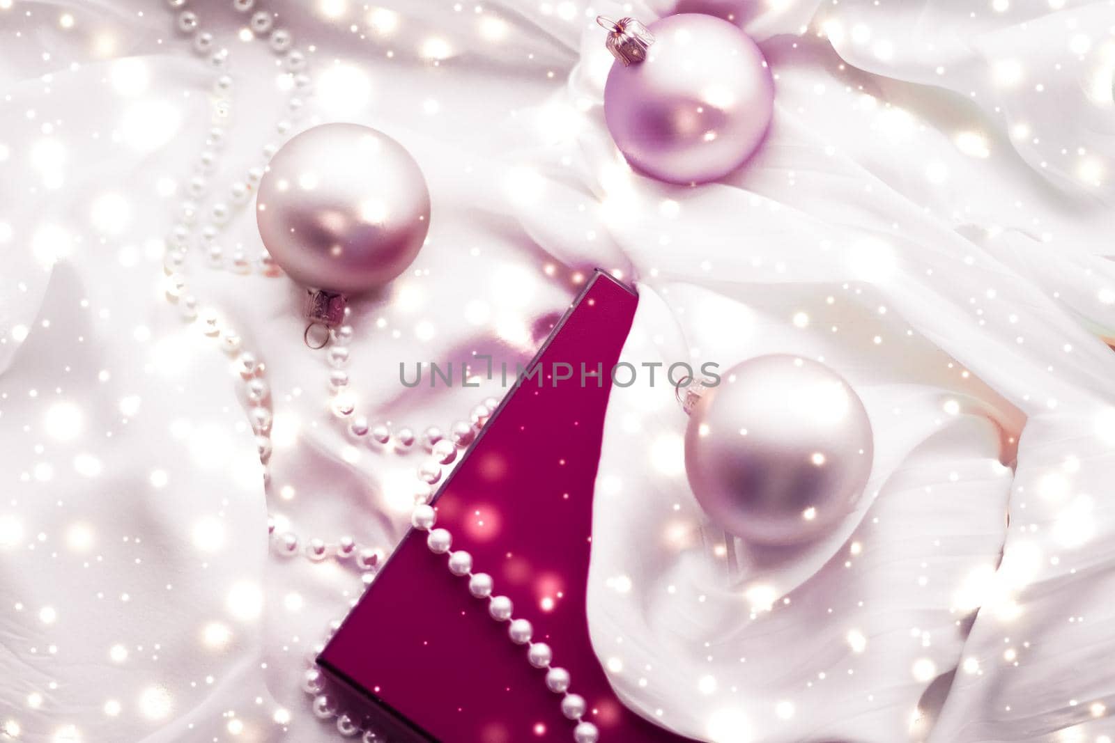 Holidays branding, glamour and decoration concept - Christmas magic holiday background, festive baubles, maroon vintage gift box and golden glitter as winter season present for luxury brand design