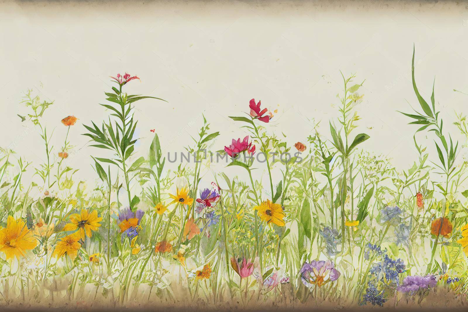 Watercolor floral seamless pattern with colorful wildflowers, plants and grass. Panoramic horizontal border, isolated illustration. Meadow in vintage style.2d style, anime style V1 High quality 2d illustration