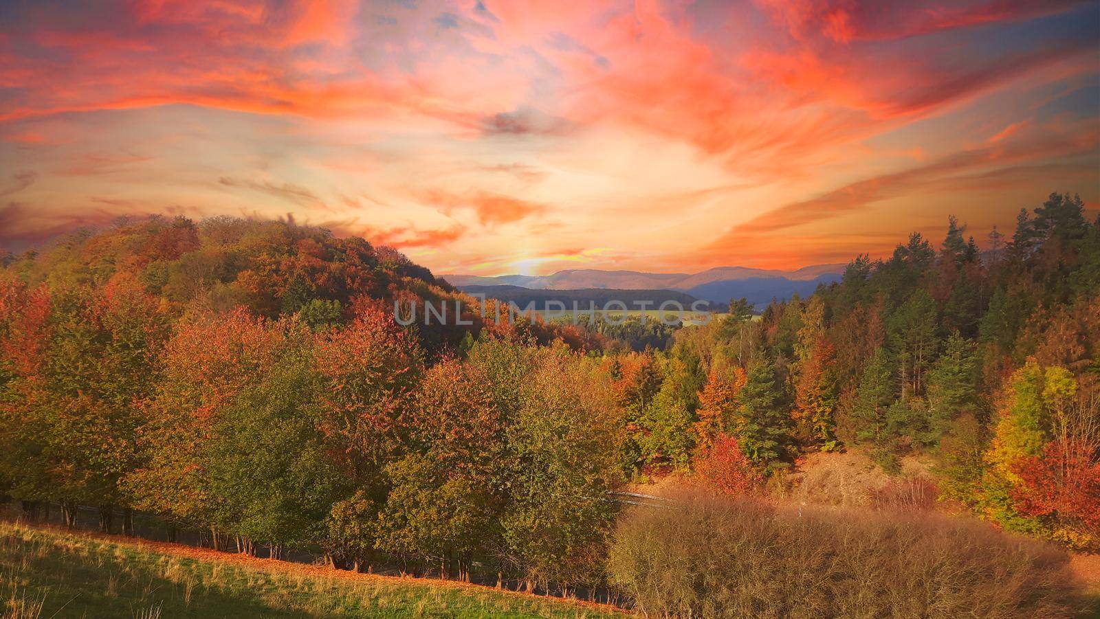 Colorful autumn scene in the mountains at sunset. High quality photo