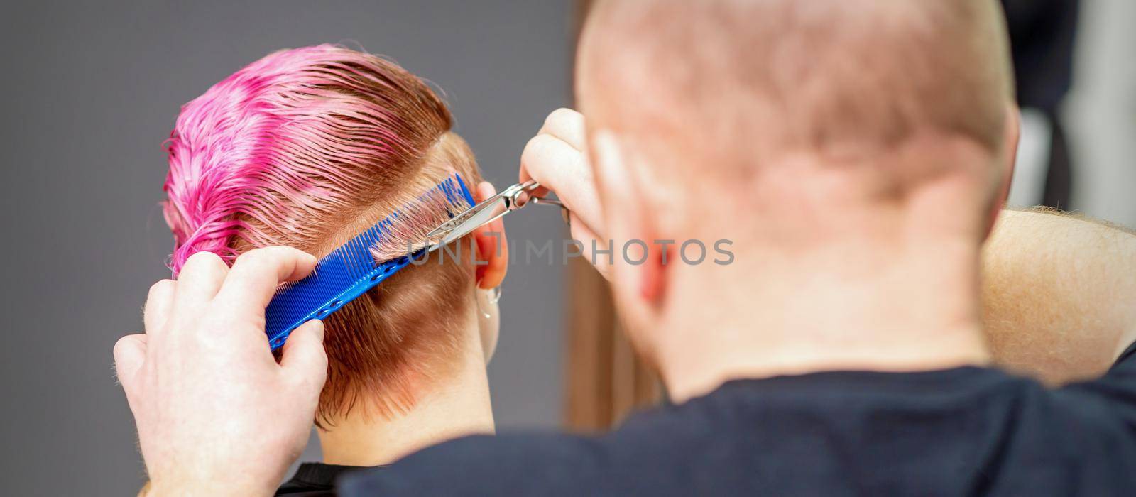 Woman having a new haircut. Male hairstylist cutting pink short hair with scissors in a hair salon
