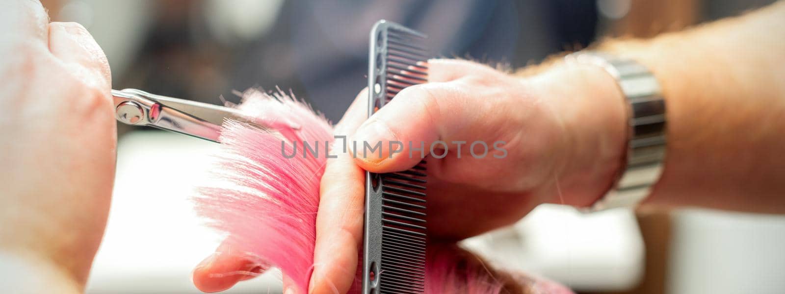 Woman having a new haircut. Male hairstylist cutting pink hair with scissors in a hair salon, close up. by okskukuruza