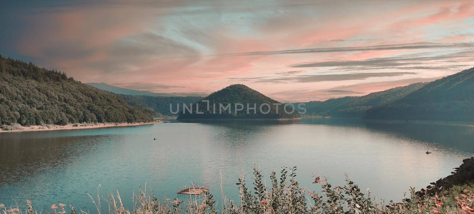 Beautifull valley with view to hill and lake, sunset light. High quality photo