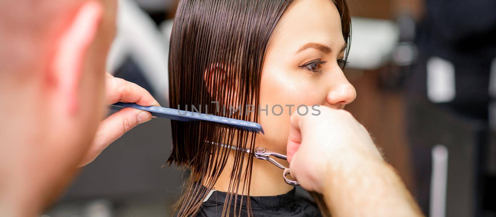 Hairdresser cuts wet hair of young caucasian woman combing with a comb in a hair salon. by okskukuruza