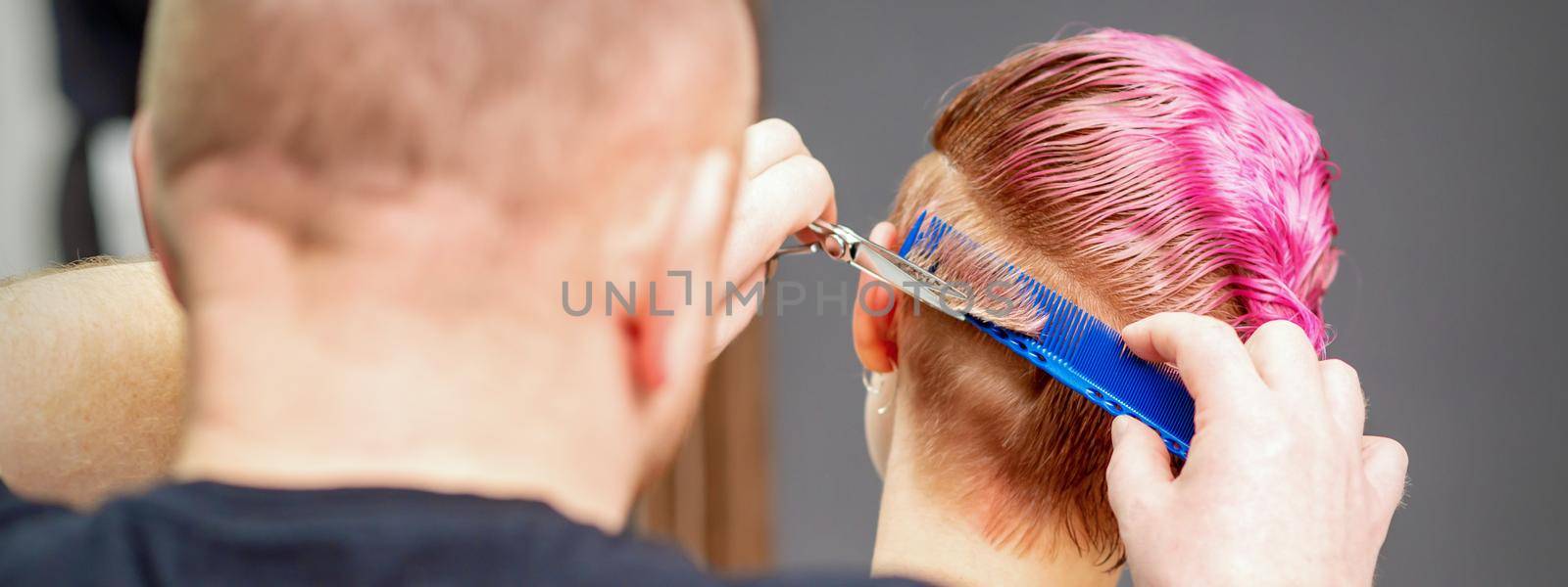 Woman having a new haircut. Male hairstylist cutting pink short hair with scissors in a hair salon. by okskukuruza