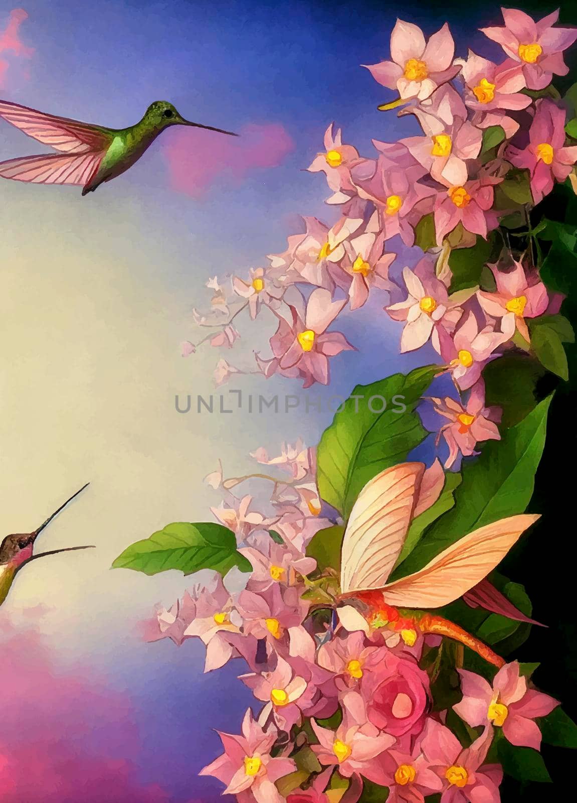 a beautiful pastel hummingbird and trumpetvine flower. digital painting