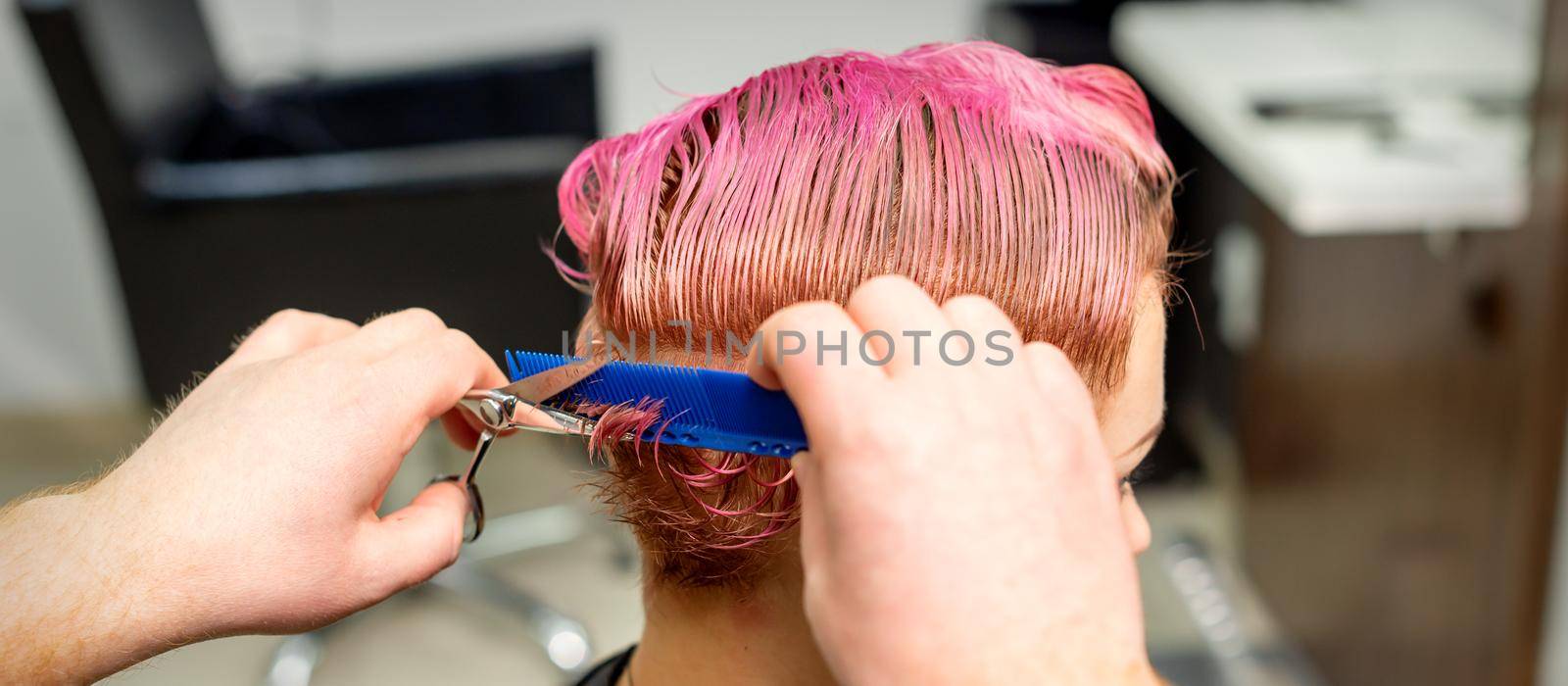 Hairdresser cuts dyed wet pink short hair of young caucasian woman combing with a comb in a hair salon. by okskukuruza