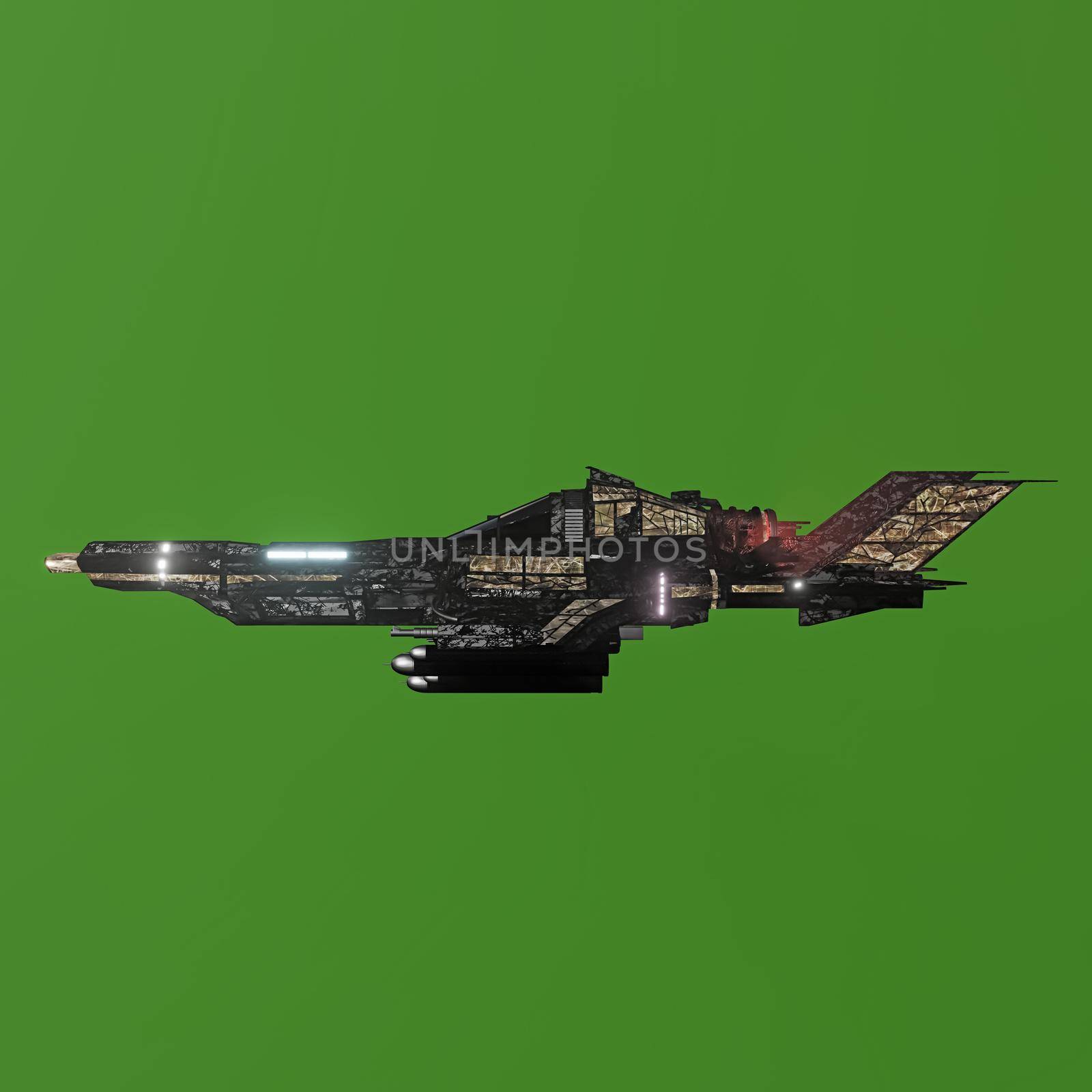 modern space fighter isolated on green background 3d illustration