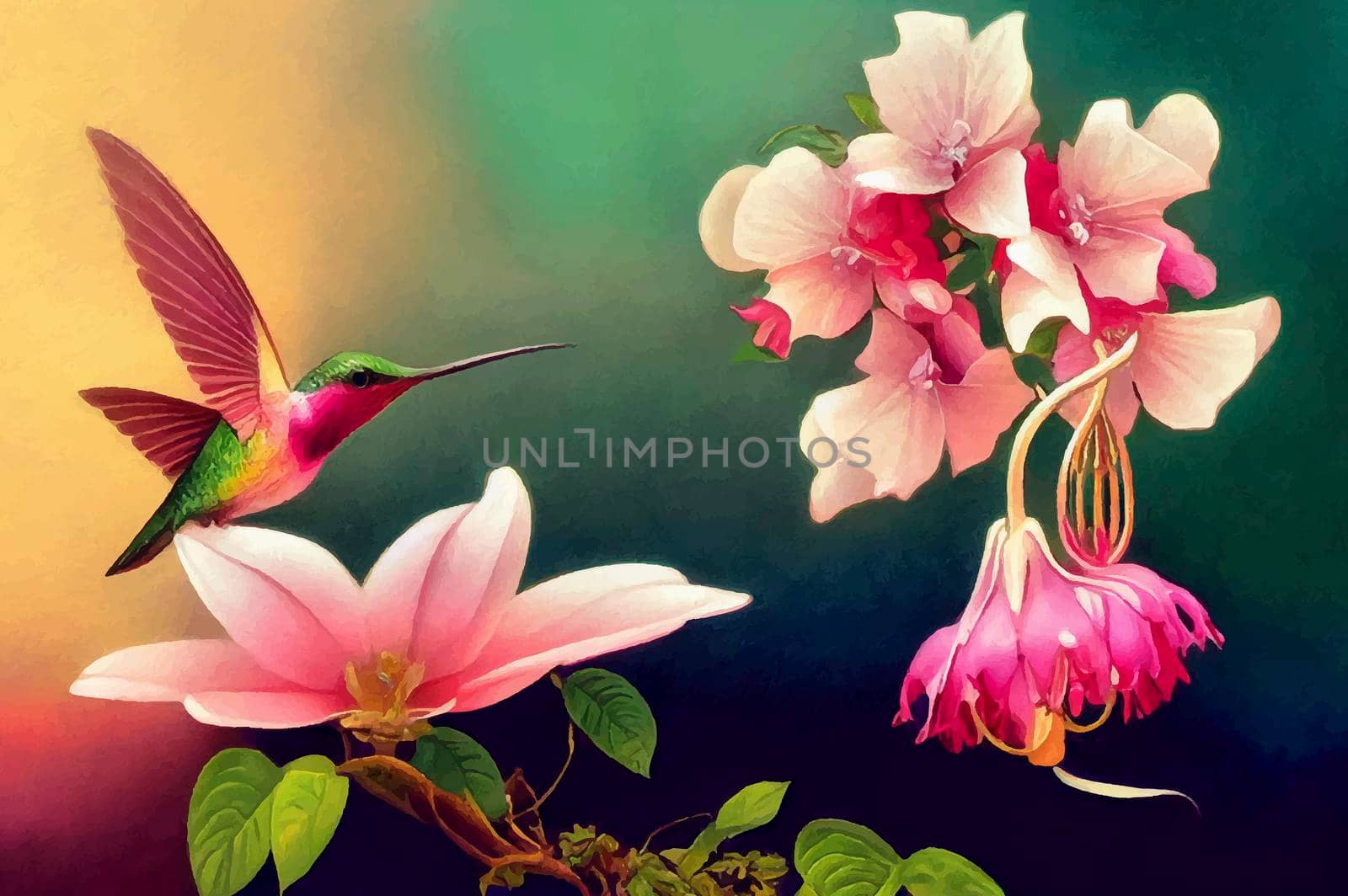 a beautiful pastel hummingbird and trumpetvine flower. digital painting