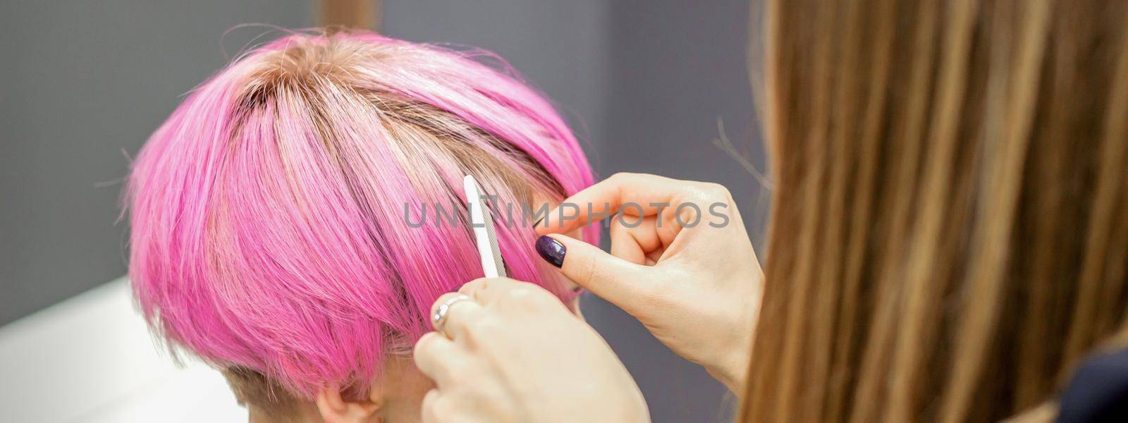 Hairdresser prepares dyed short pink hair of a young woman to procedures in a beauty salon. by okskukuruza