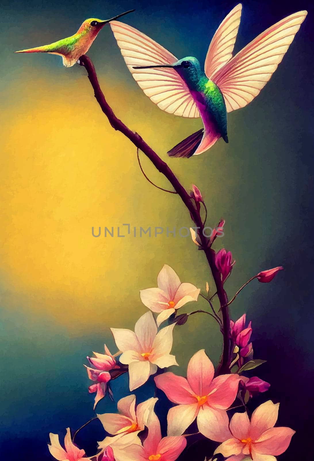 a beautiful pastel hummingbird and trumpetvine flower. digital painting. by JpRamos
