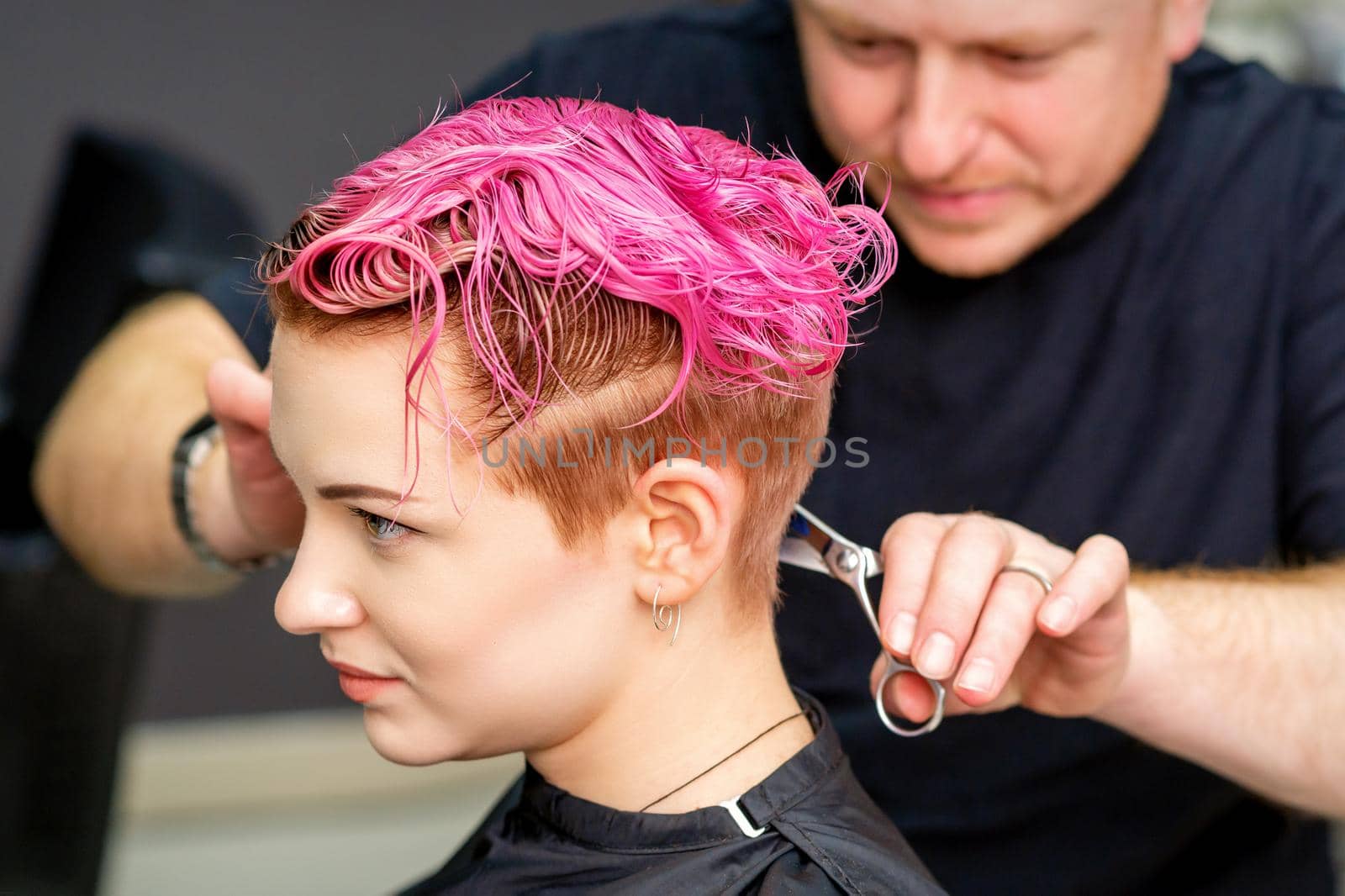 Woman having a new haircut. A male hairstylist is cutting dyed pink short hair with scissors in a hair salon