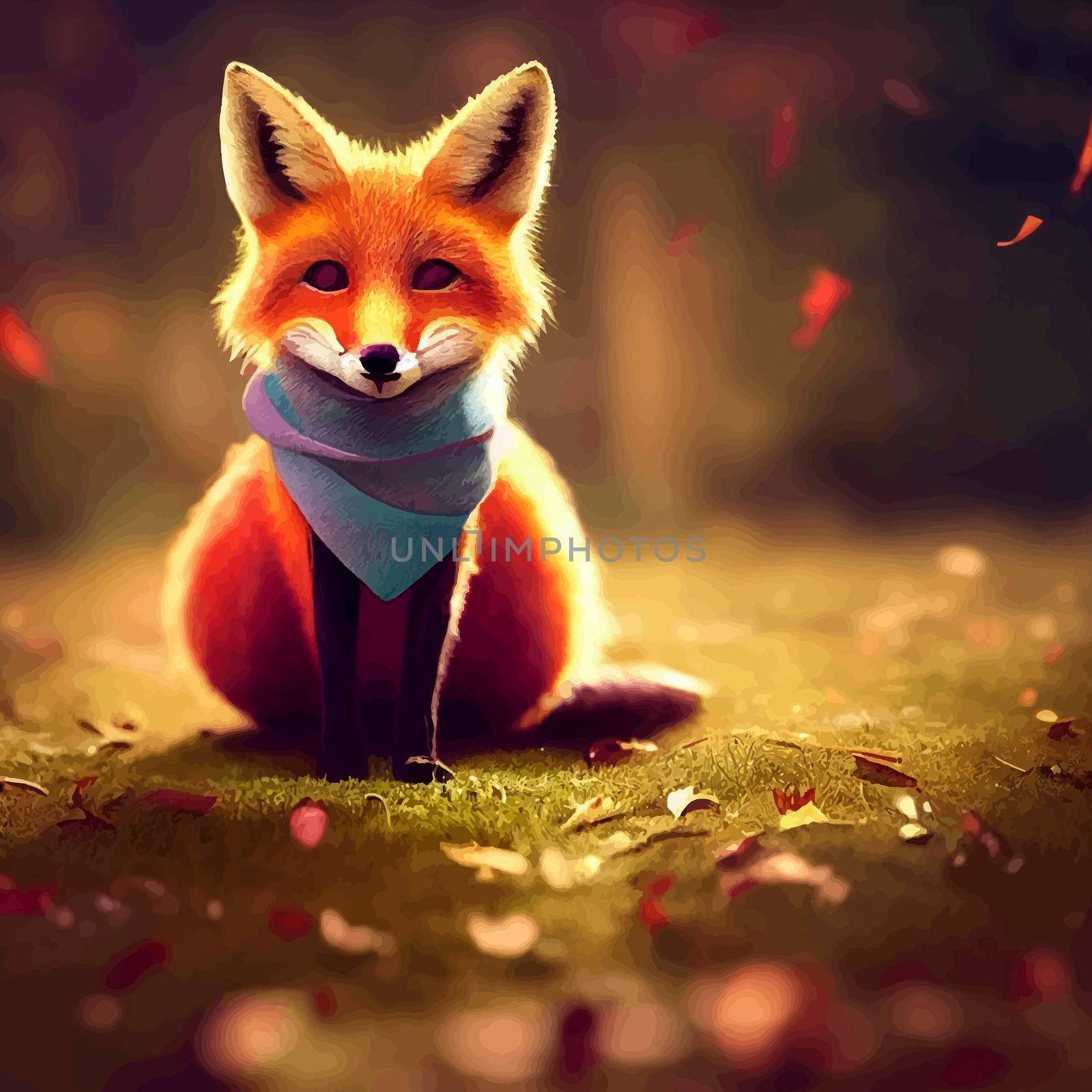 animated illustration of a cute fox, animated baby fox portrait.
