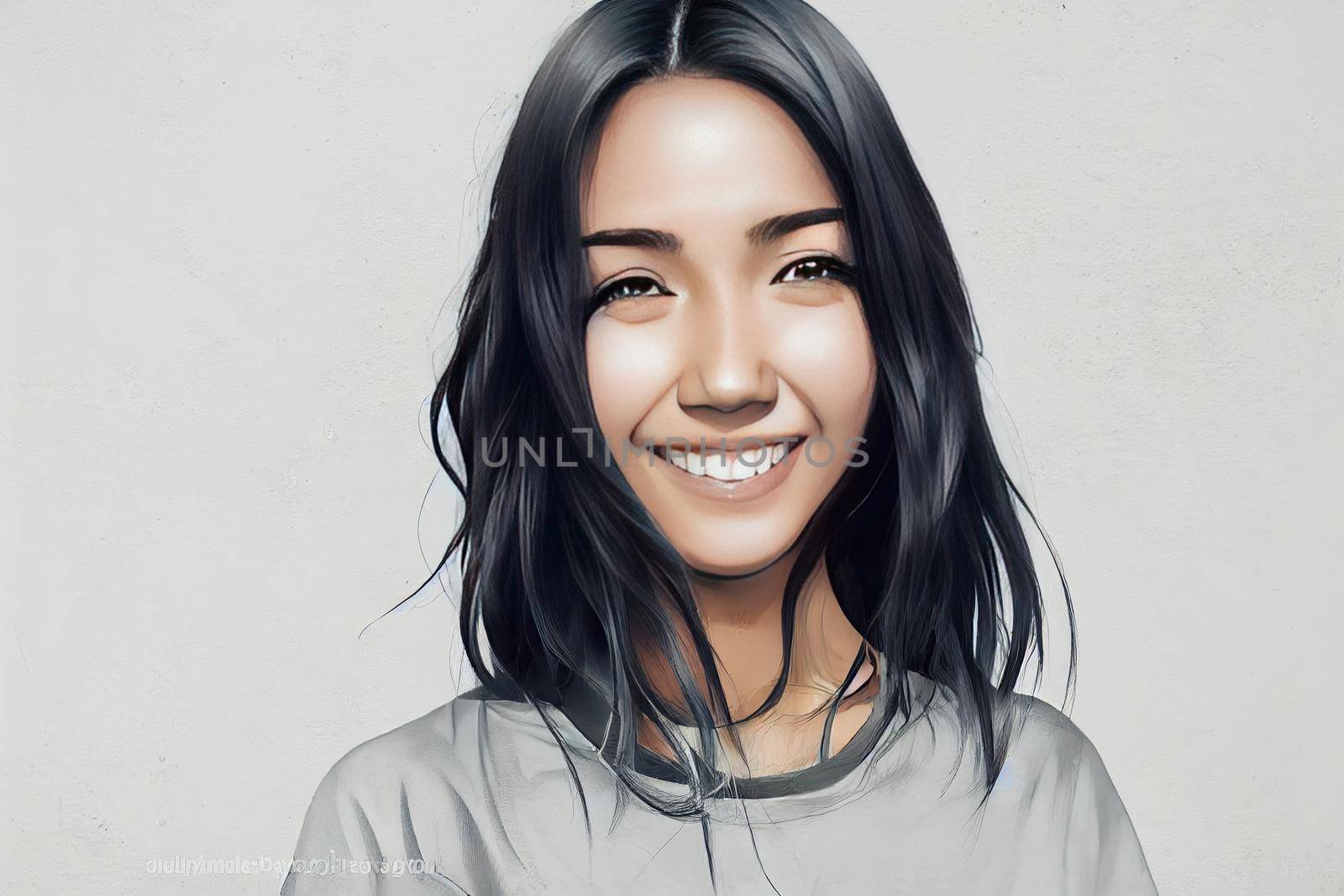 anime style, Close up face of young woman with beautiful smile isolated on grey wall with copy space. Successful multiethnic girl. Latin woman looking at camera against gray wall with a big whitening V1 High quality 2d illustration