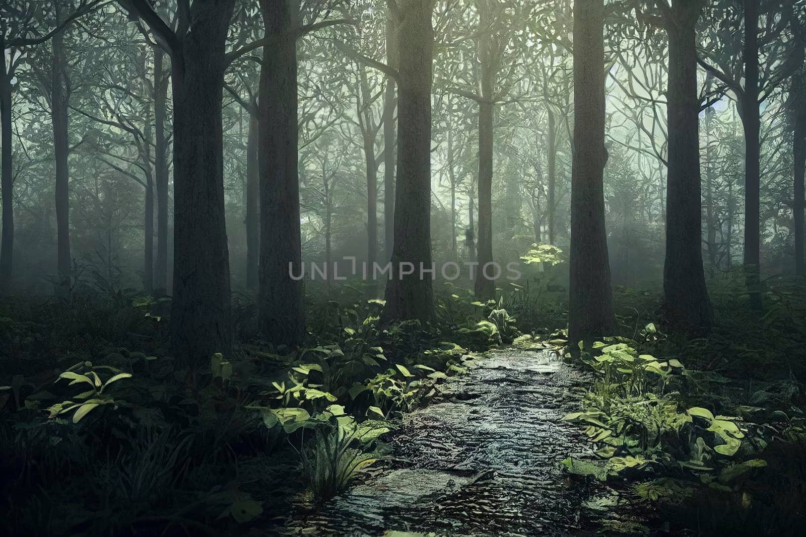Magical fairytale forest. Coniferous forest covered of green moss. Mystic atmosphere