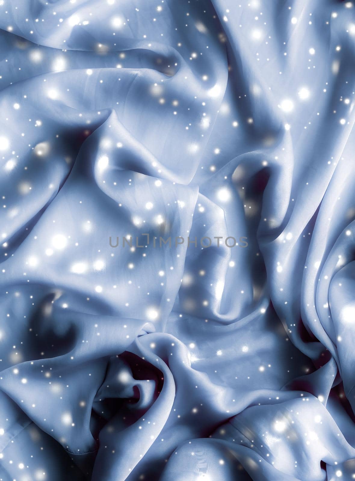 Magic holiday blue soft silk flatlay background texture with glowing snow, luxury beauty abstract backdrop by Anneleven