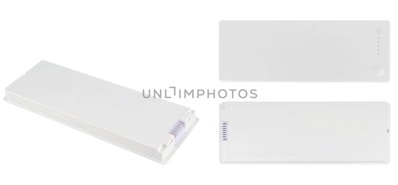 white laptop battery, computer spare part, on white background