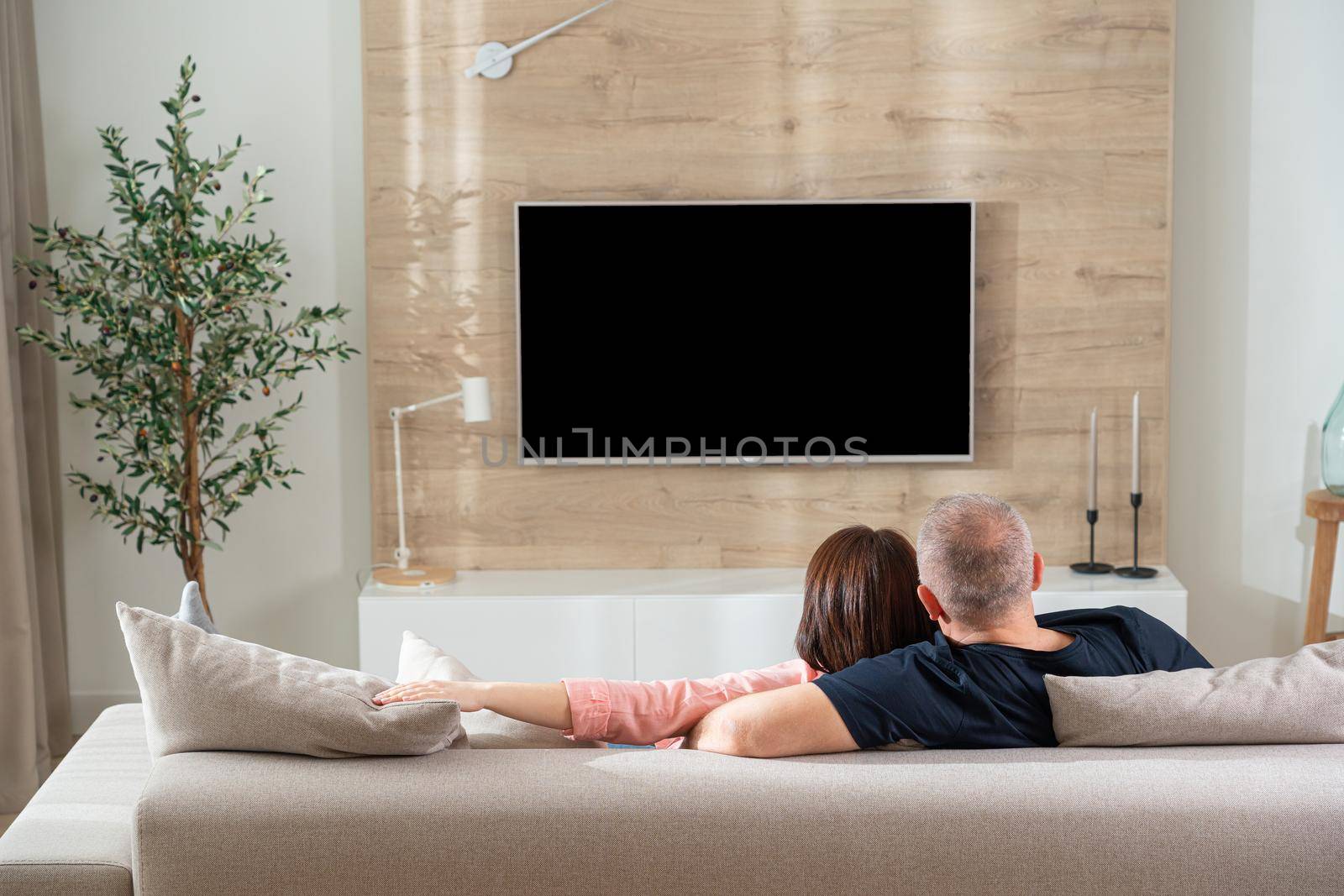 adult couple in modern living room in front of tv.