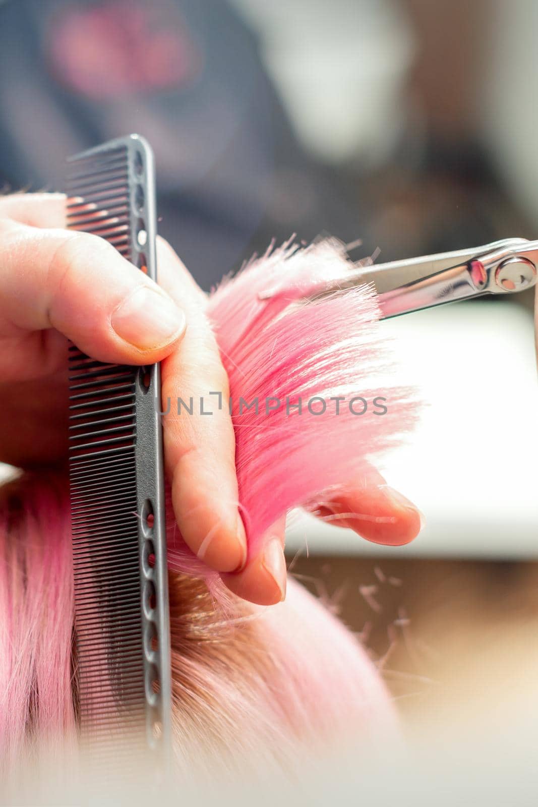 Woman having a new haircut. Male hairstylist cutting pink hair with scissors in a hair salon, close up