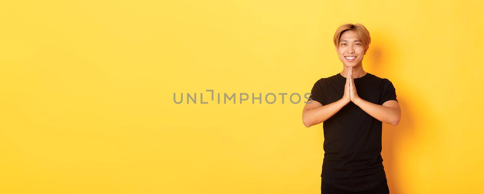 Portrait of thankful smiling asian blond guy holding hands together in pray, standing yellow background.