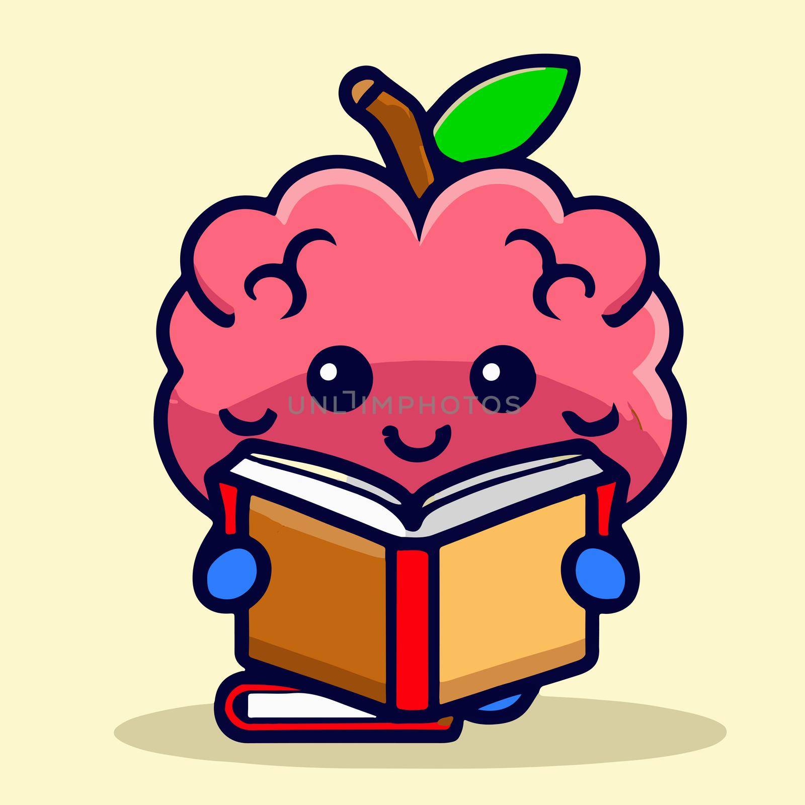 cartoon illustration of human brain. cute brain reading book