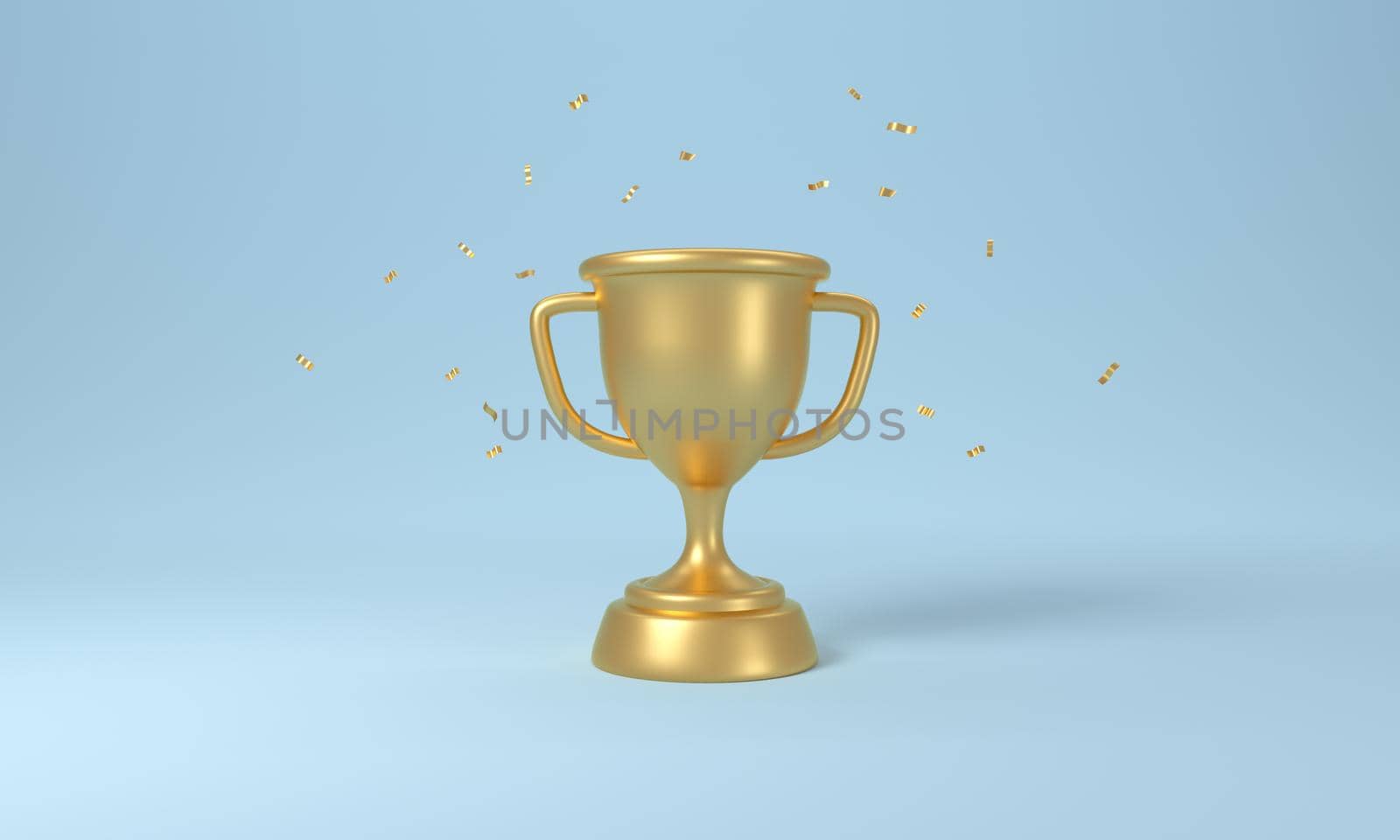 Golden trophy cup with falling confetti on blue background. 3d rendering.