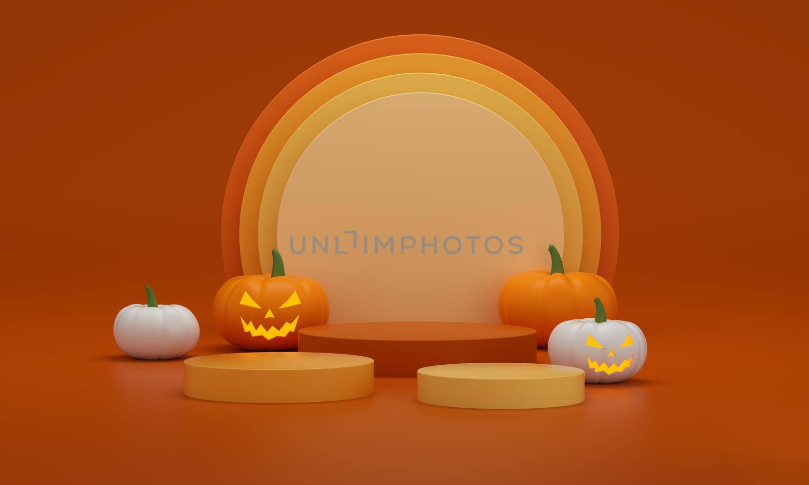Halloween pedestals with pumpkins white, orange and yellow on a orange studio background. Empty podium platform. 3d rendering.