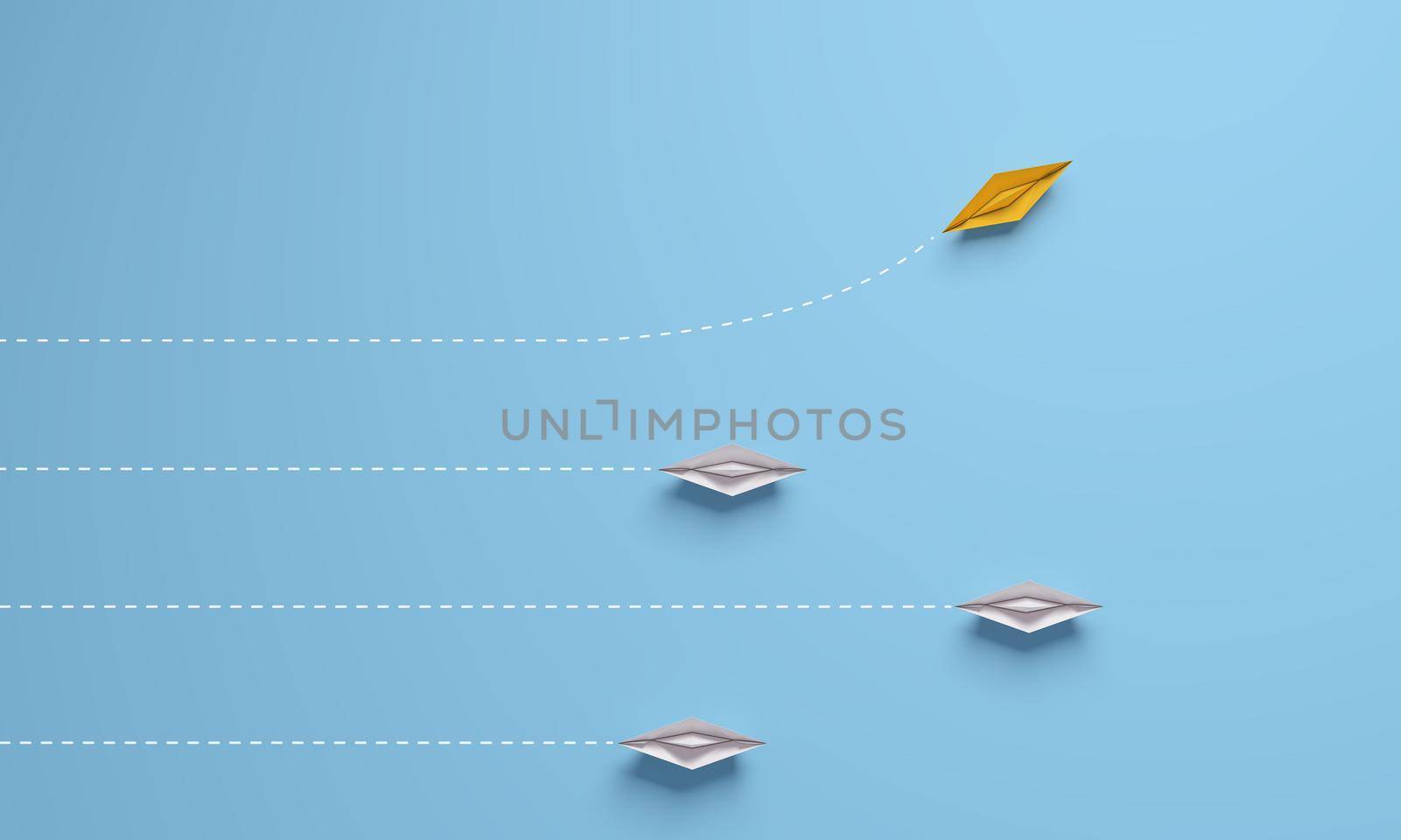 Individual and unique leader yellow paper ship changing direction on top view. 3d rendering.