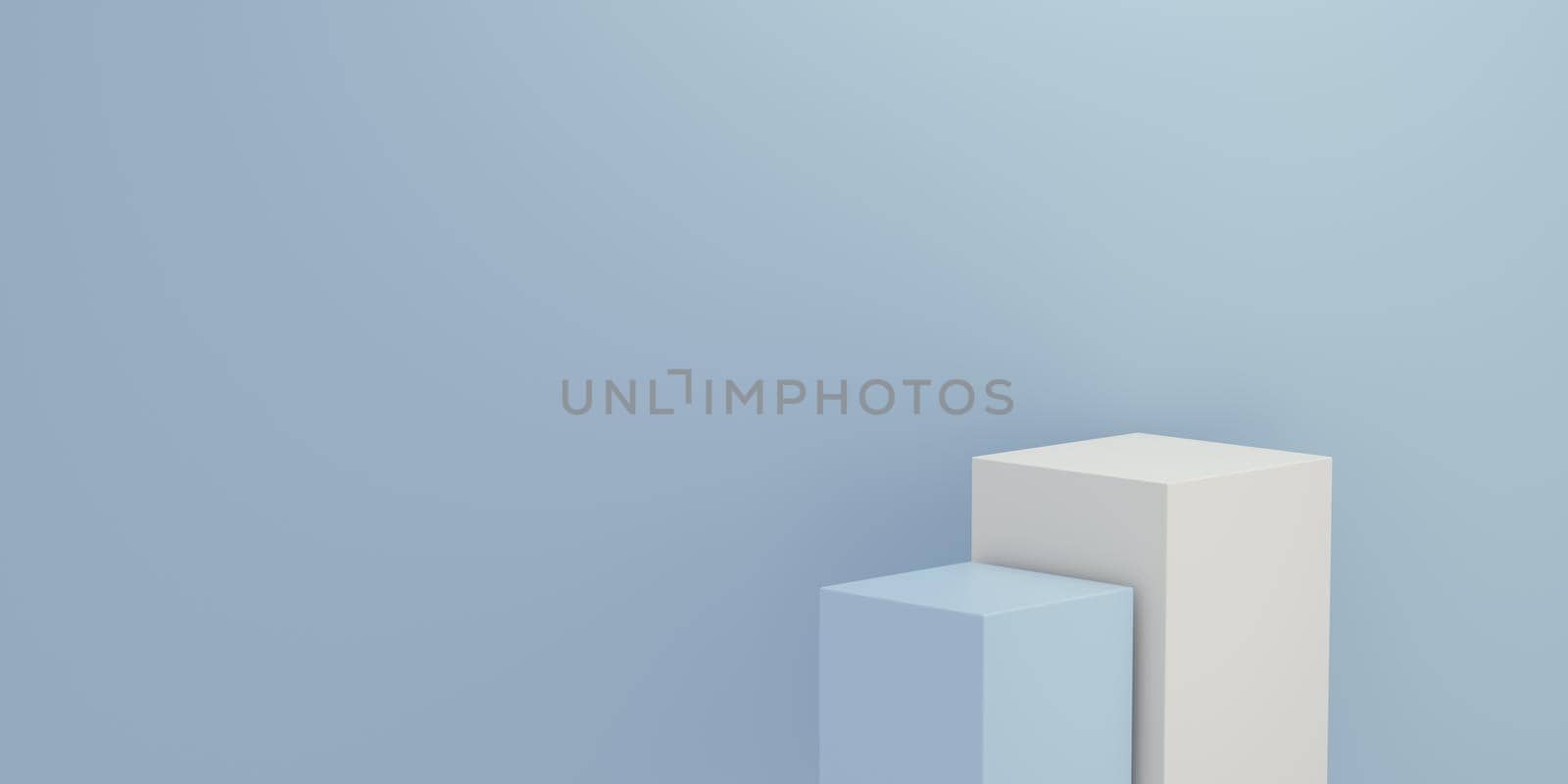 Panoramic minimalist podium for product display on blue background with space for text. Empty podium platform. by ImagesRouges