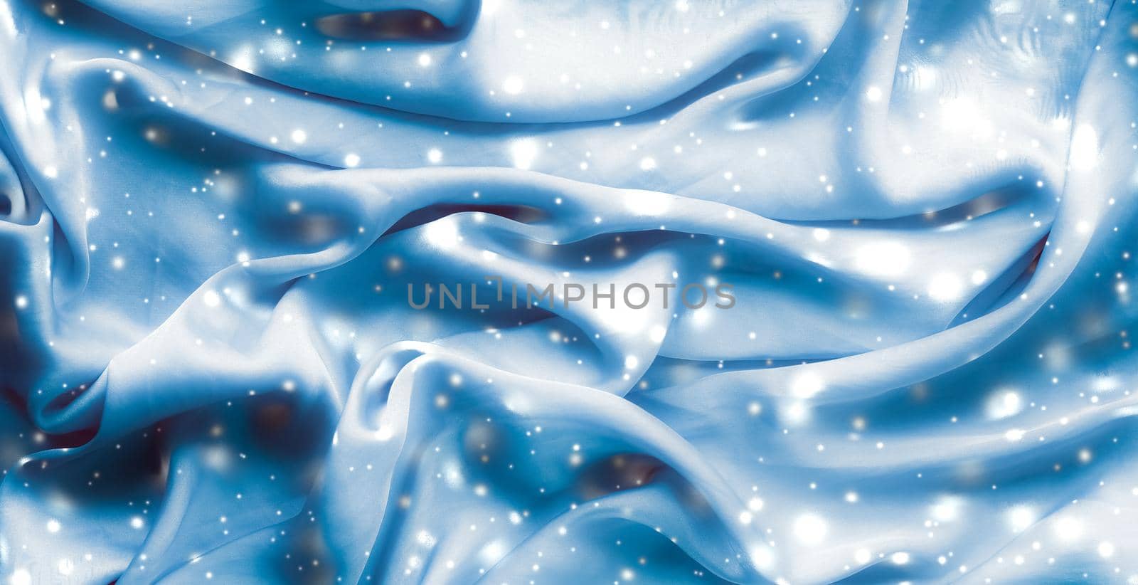 Magic holiday blue soft silk flatlay background texture with glowing snow, luxury beauty abstract backdrop by Anneleven