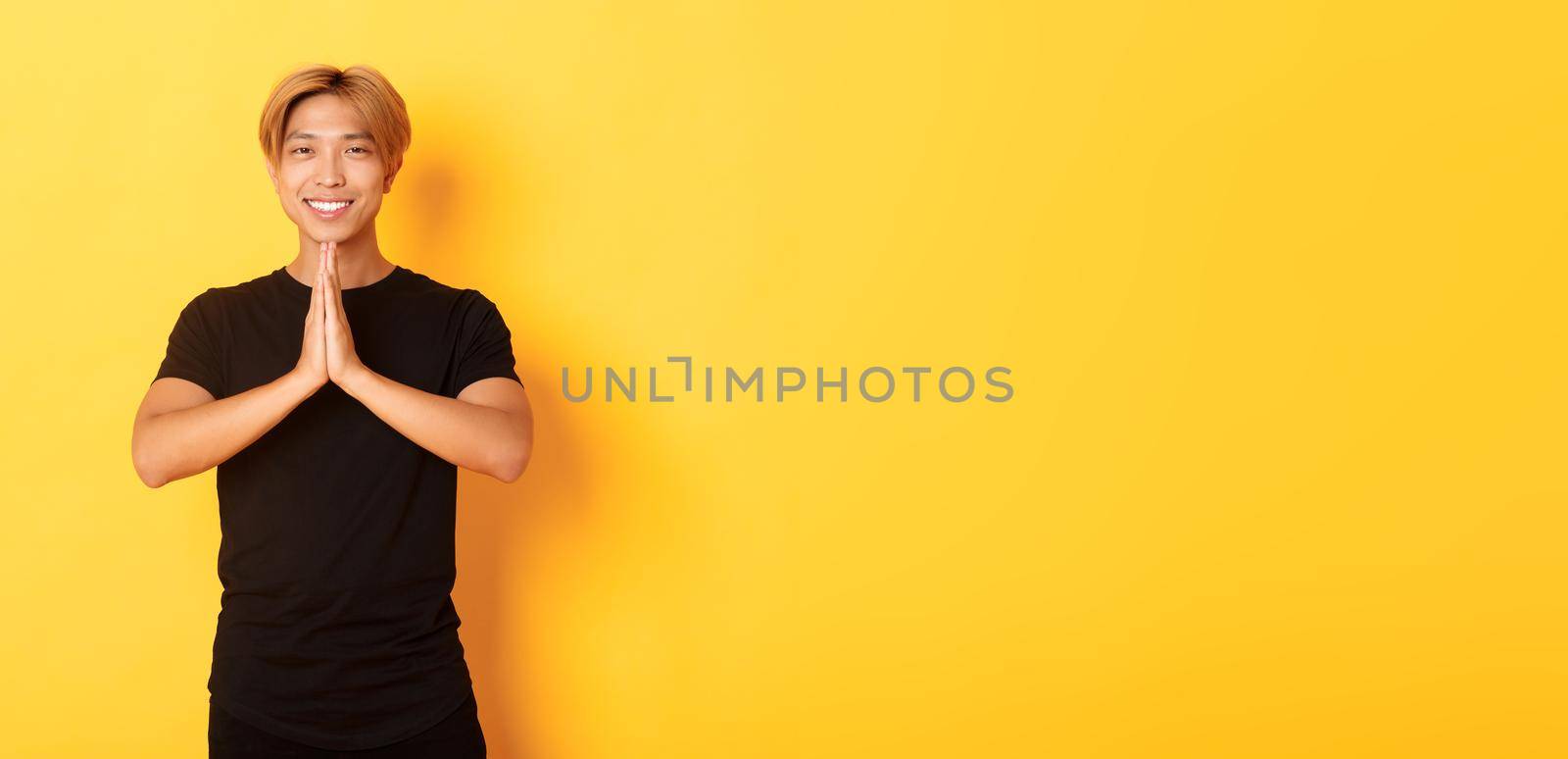 Portrait of thankful smiling asian blond guy holding hands together in pray, standing yellow background by Benzoix
