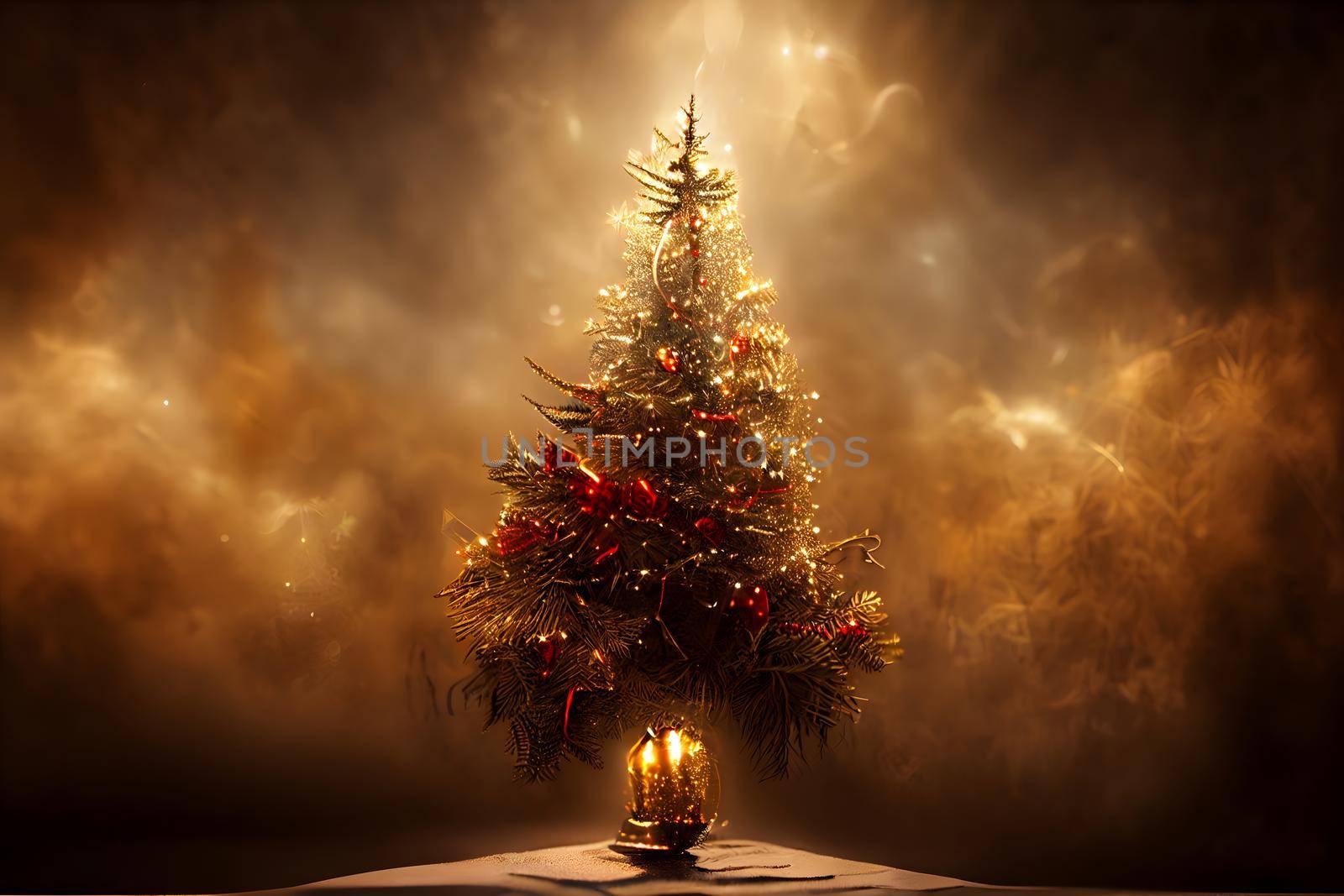 christmas spruce tree on yellow abstract dramatic background, neural network generated art. Digitally generated image. Not based on any actual scene or pattern.