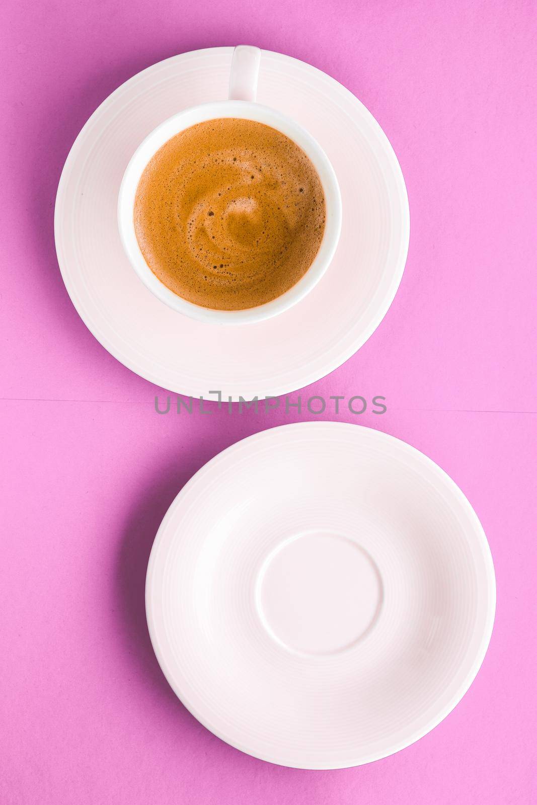 Cup of hot french coffee as breakfast drink, flatlay cups on pink background by Anneleven