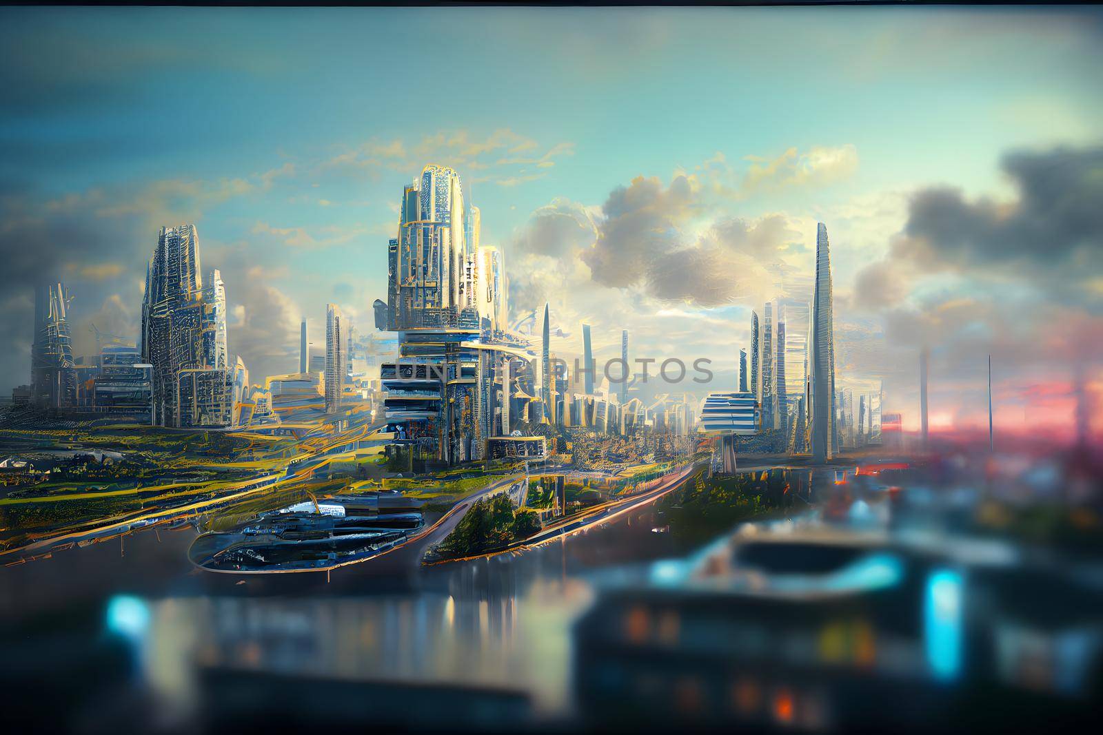 abstract futuristic utopian cityscape, neural network generated art. Digitally generated image. Not based on any actual scene or pattern.