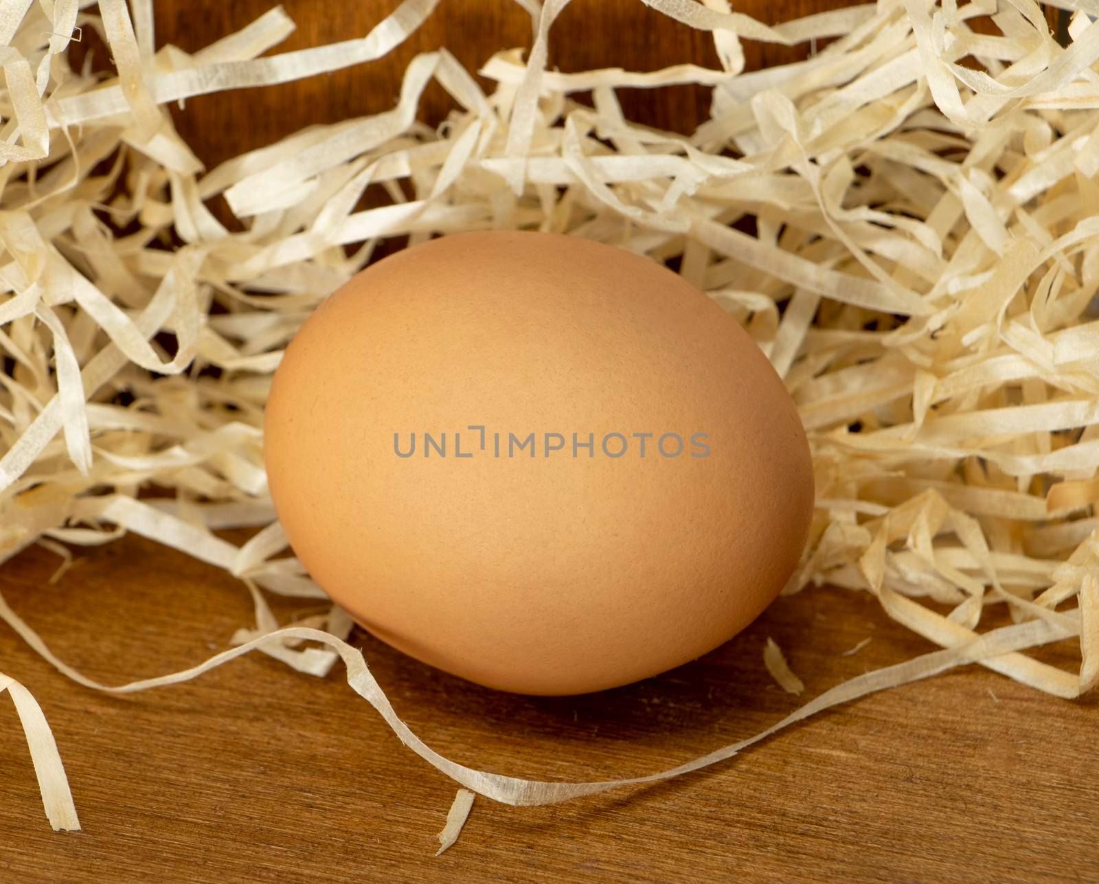 brown egg on a wooden table on a background of paper shavings. High quality photo