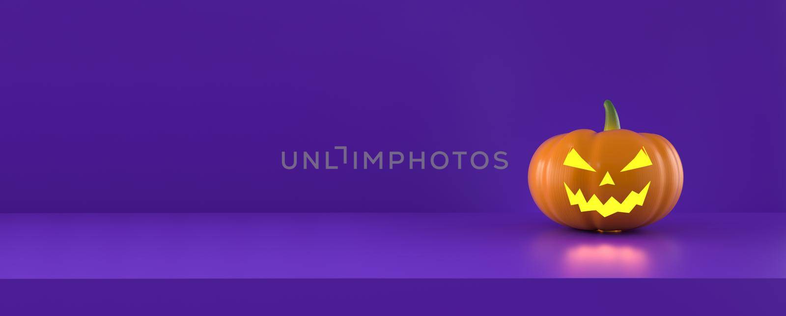 Halloween pumpkin with lights on panoramic purple studio background. 3d rendering.