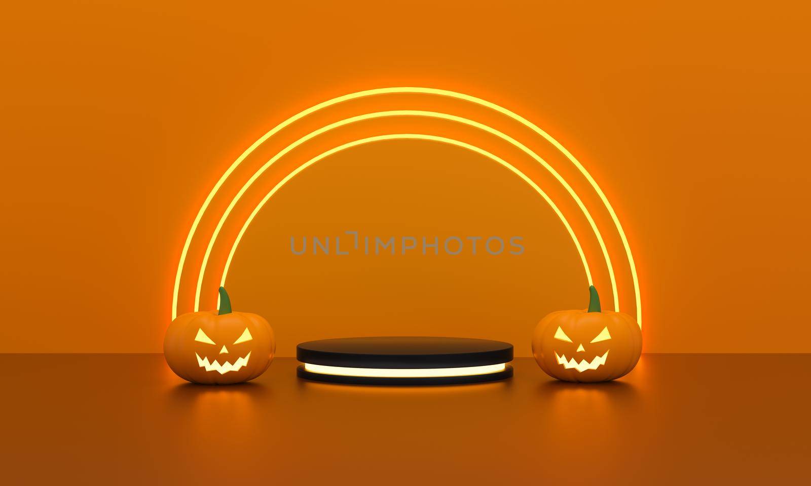 Cylinders pedestal with light neon and pumpkins halloween for product display on funny circles light on orange background. Empty podium platform. 3d rendering.