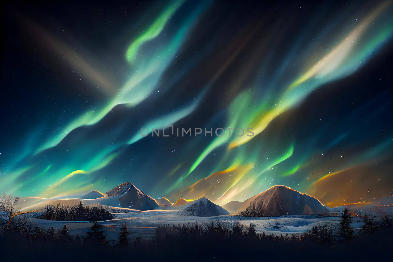 night terrestrial landscape with aurora northem lights in the sky, neural network generated art. Digitally generated image. Not based on any actual scene or pattern.