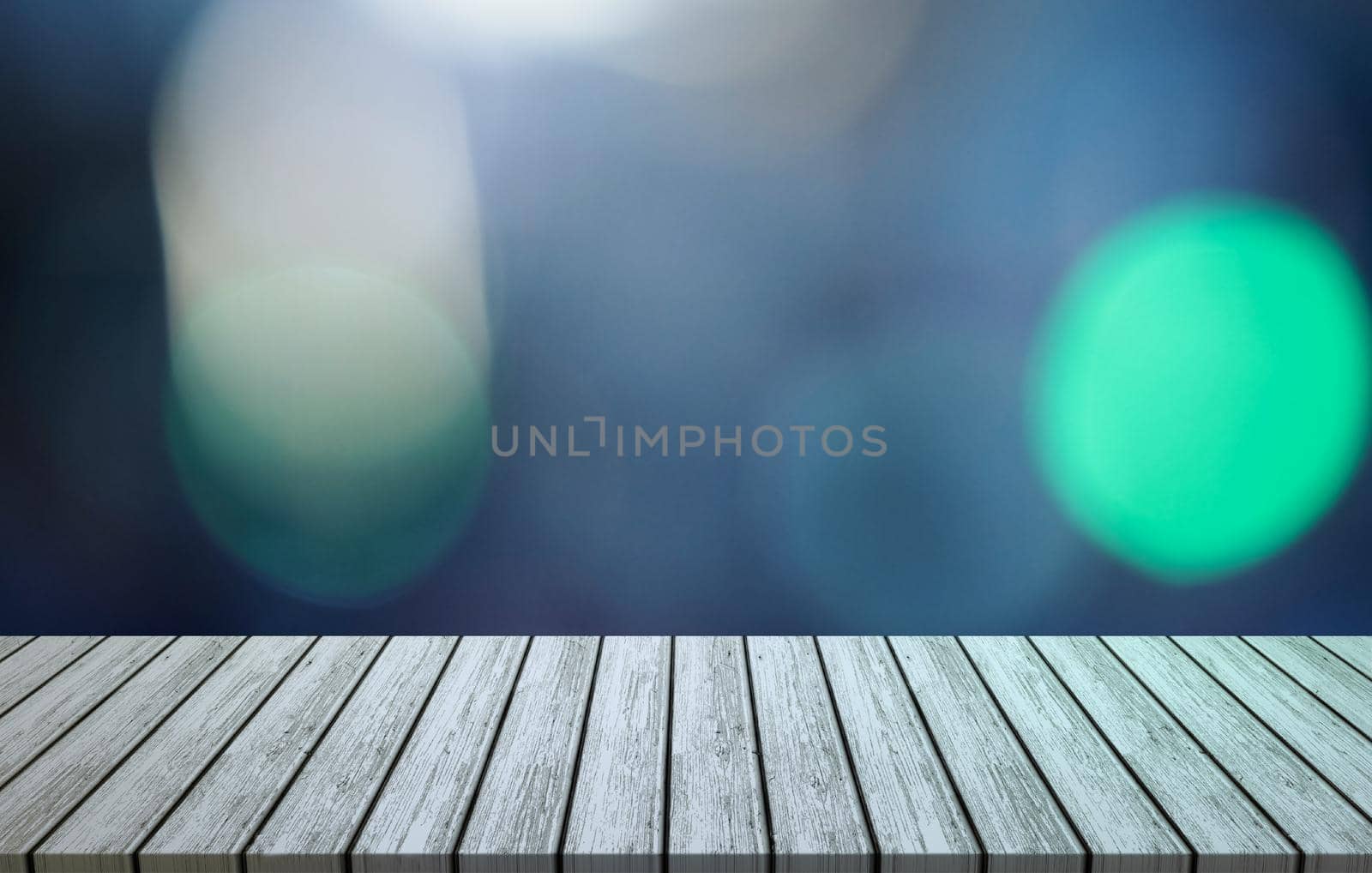 Wooden Table with blue and green lights bokeh background. assembly, product display exhibition.