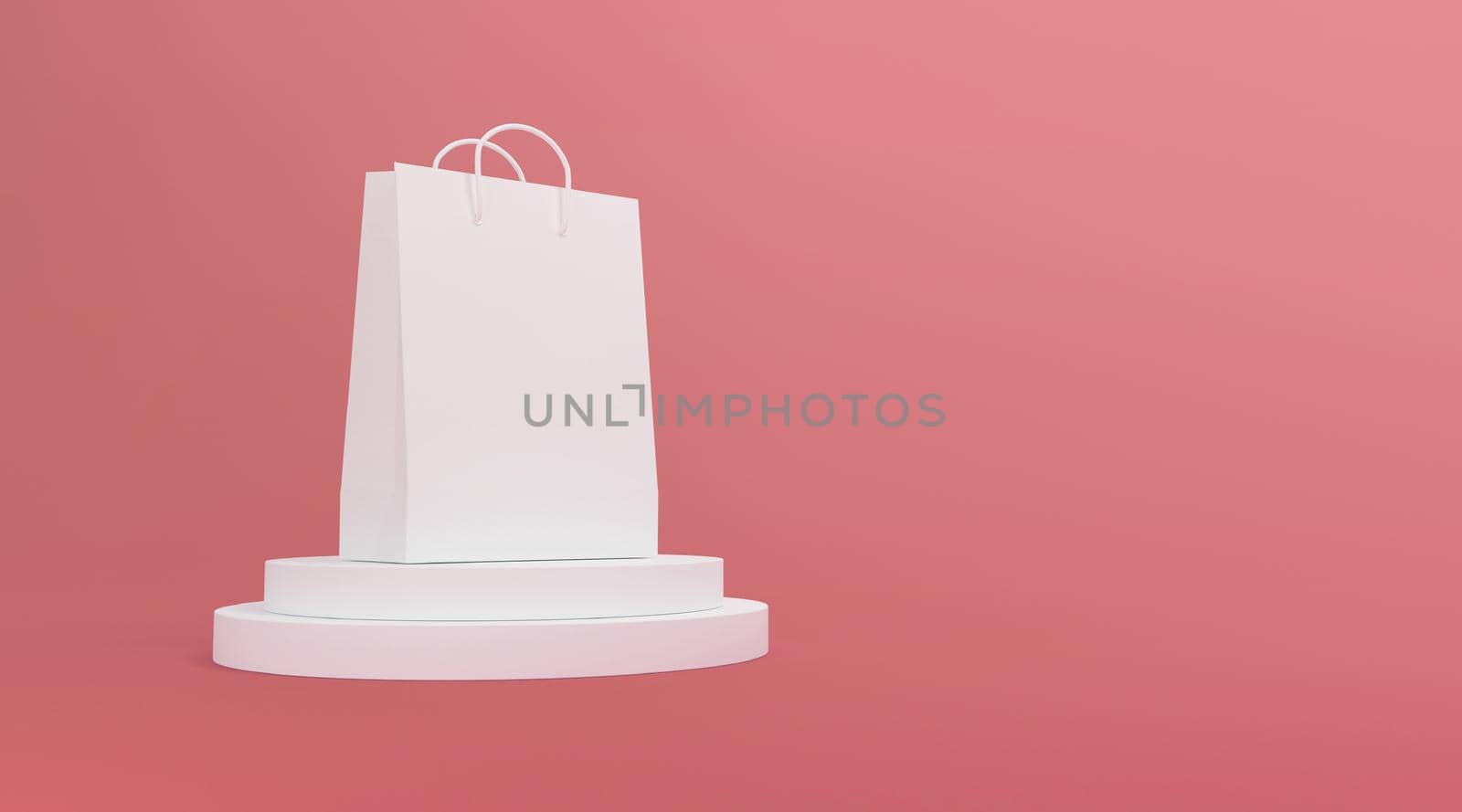 Shopping bag on platform exhibition in pink studio background. 3d rendering.