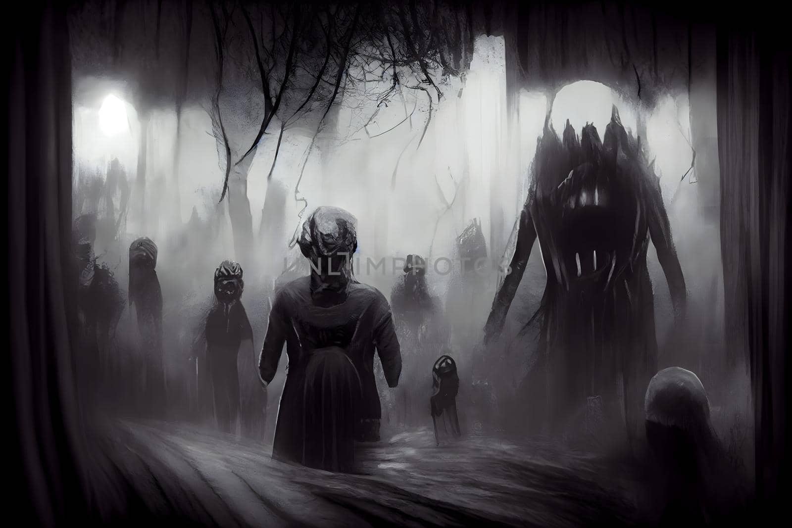 creepy fantastic nightmare alien creatures, neural network generated art. Digitally generated image. Not based on any actual scene or pattern.