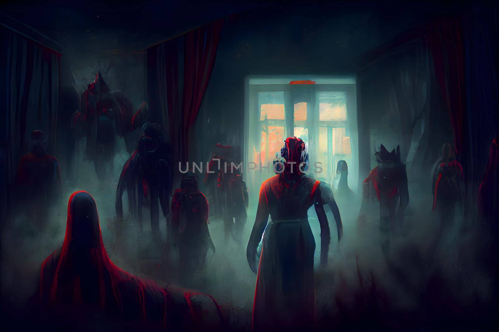 creepy fantastic alien creatures in nightmare room with blue fumes, neural network generated art. Digitally generated image. Not based on any actual scene or pattern.