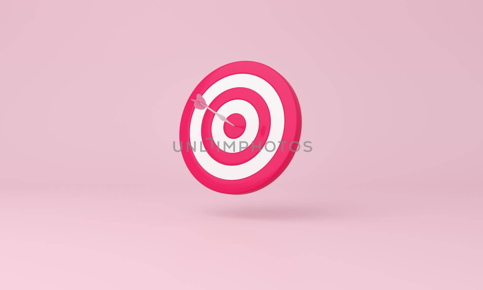 Dart hit the center of target on pink background. Business aiming at the target concept. 3d rendering.
