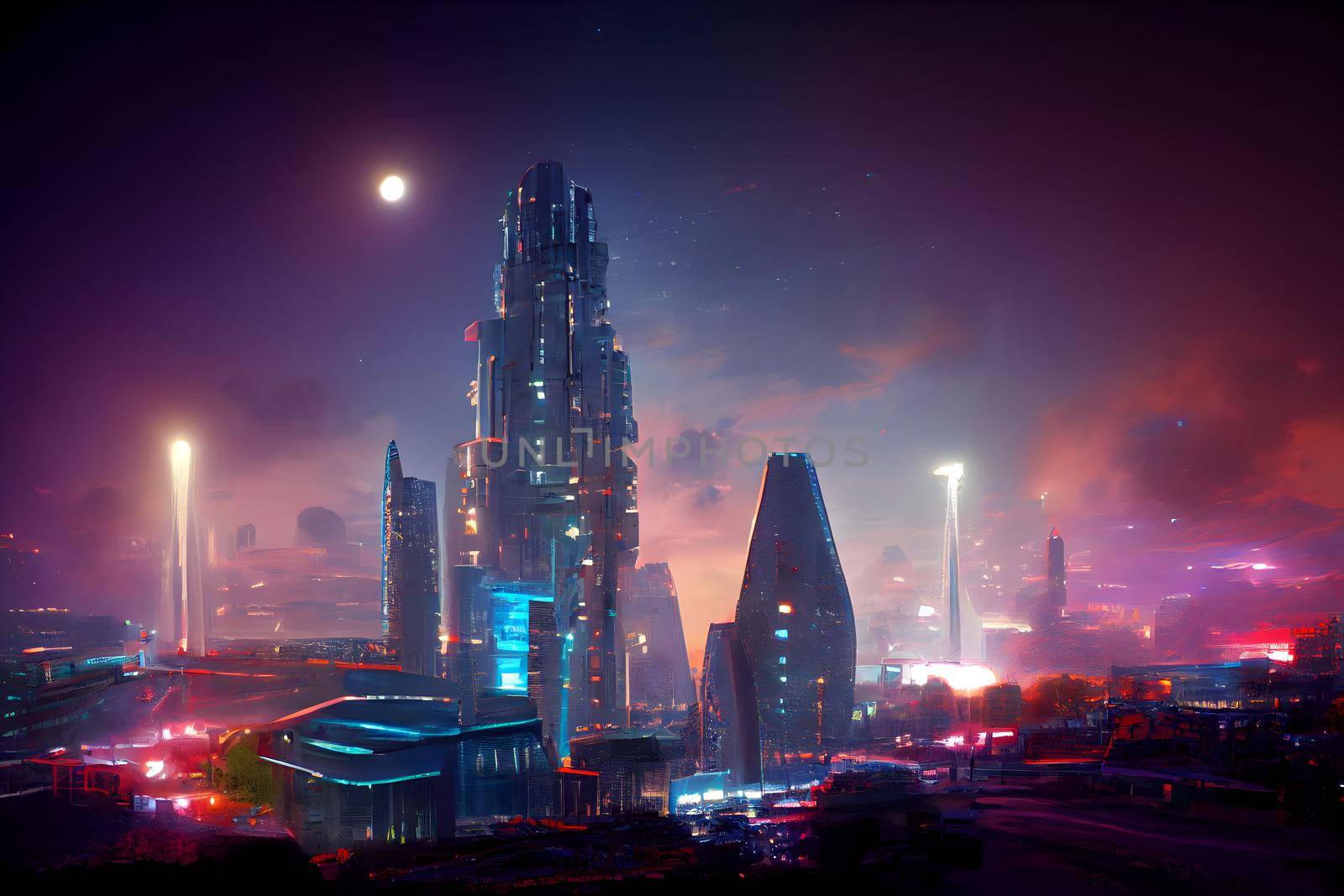 abstract futuristic night utopian cityscape, neural network generated art. Digitally generated image. Not based on any actual scene or pattern.