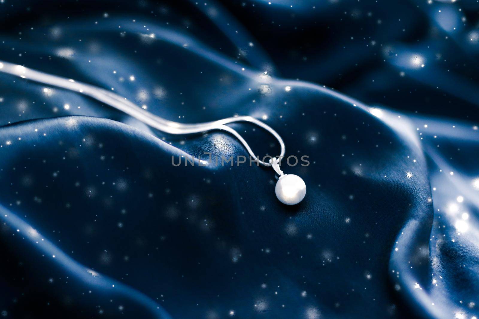 Luxury white gold pearl necklace on dark blue silk, holiday winter magic jewelery present by Anneleven