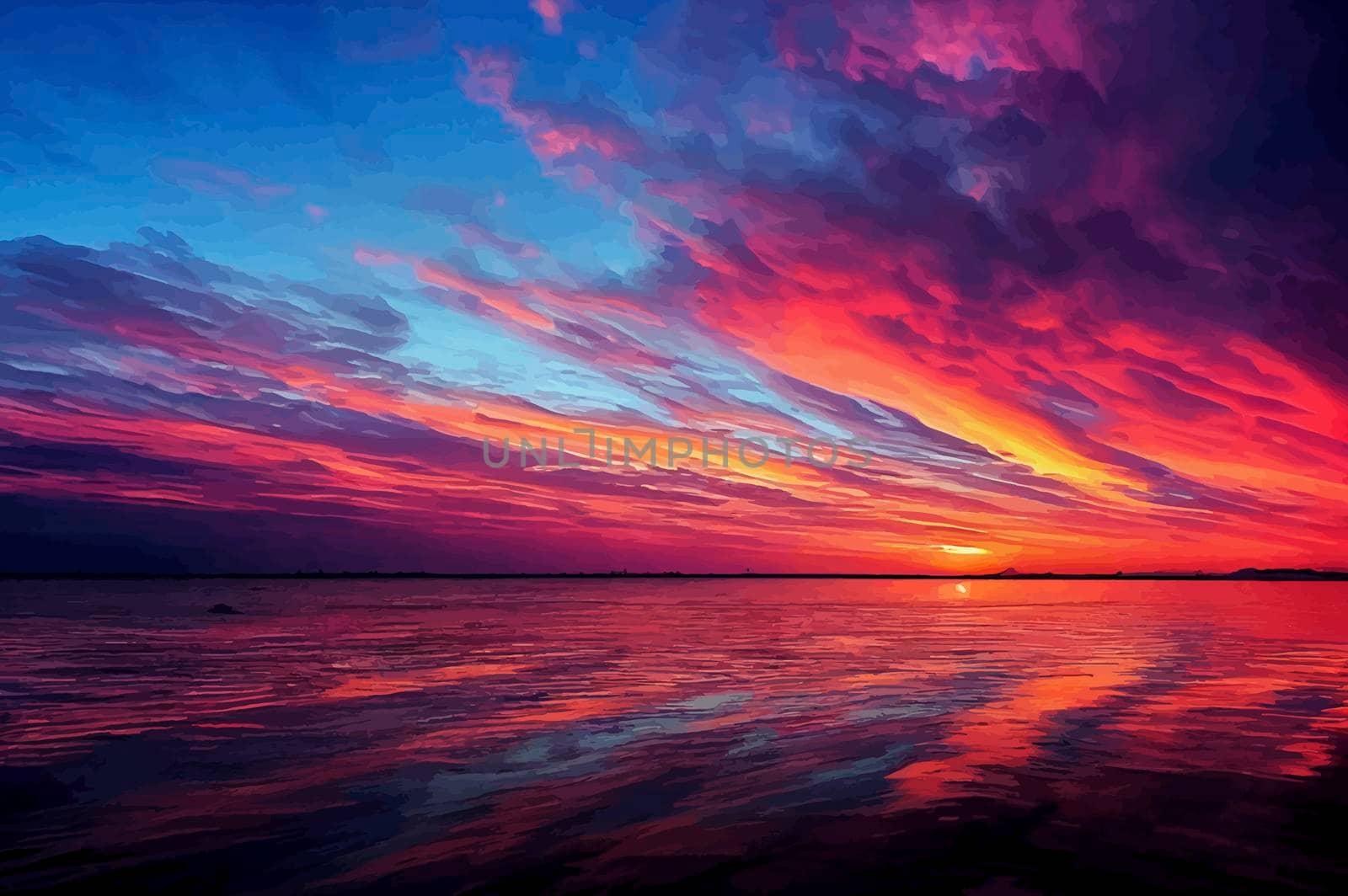 illustration of the beautiful orange sunset on the shore of the beach. sunset sky. by JpRamos