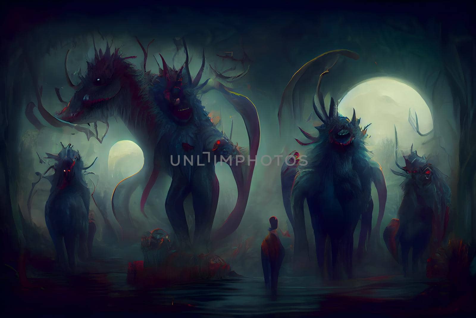 creepy fantastic nightmare alien creatures, neural network generated art. Digitally generated image. Not based on any actual scene or pattern.