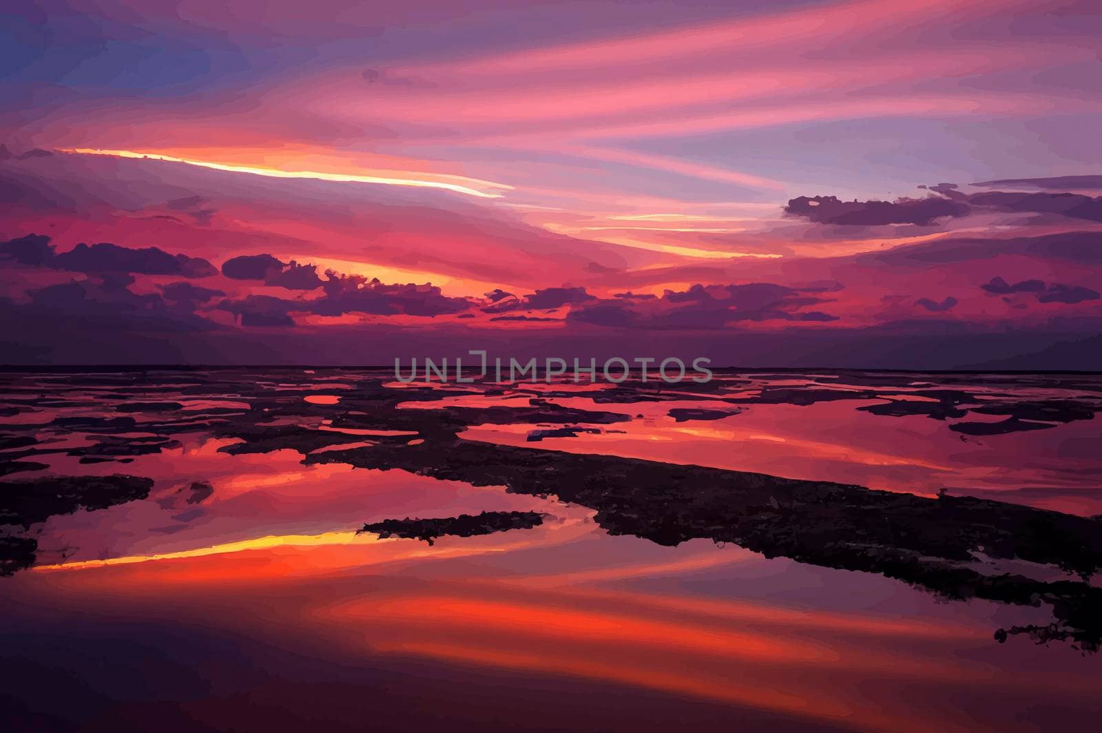 illustration of the beautiful orange sunset on the shore of the beach. sunset sky