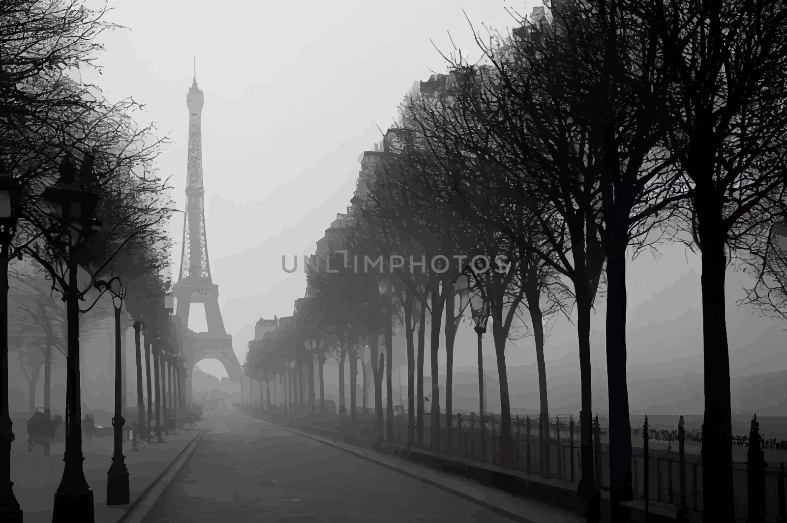 view of paris street with the Eiffel Tower in the background in a foggy day.